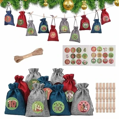 Imagen de HOOPOE Calendario de Adviento,Bolsas Adviento,24 Adviento para Rellenar Bolsas Tela,Calendarios DIY,Calendario Casero,Bolsa