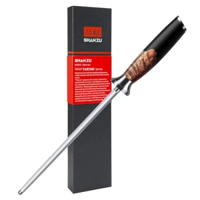 Imagen de SHAN ZU Afilador de Acero 20 cm, Cuchillos Manual, para Afilar Profesional, Mango Ergonómico Madera Arce, Caja Regalo