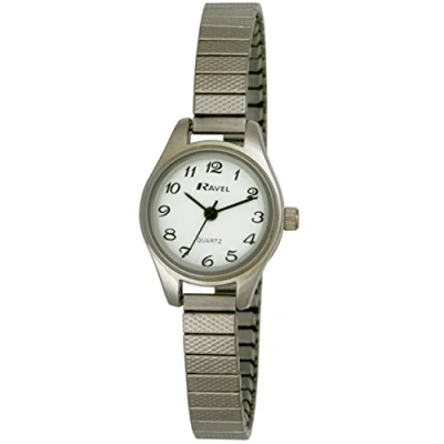 Imagen de Ravel Reloj de Cóctel Pequeño y Redondo para Mujer con Correa Extensible Acero Inoxidable Tono Plateado