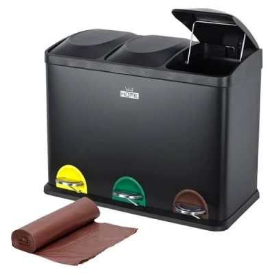 Imagen de WELL HOME Cubo de reciclaje Negro 45L 3 compartimentos + Rollo 20 bolsas basura autocierre 20L