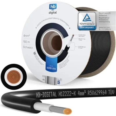 Imagen de hb digital 100m cable solar 4 mm2 certificado TÜV Rheinland H1Z2Z2 resistente a los rayos UV flexible, cobre puro 1500 V de extensión fotovoltaico para panel inversor negro
