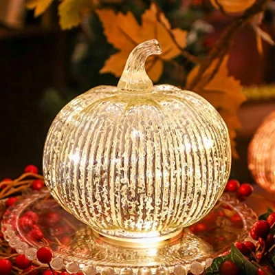 Imagen de hvfun calabaza iluminada de cristal mercurio con temporizador, decoración otoño para el hogar, lámparas festiva, Halloween (plata)