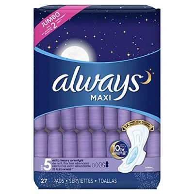 Imagen de Always Maxi, tamaño 5, almohadillas extra pesadas para la noche con alas, sin perfume, 27 unidades, el embalaje puede variar