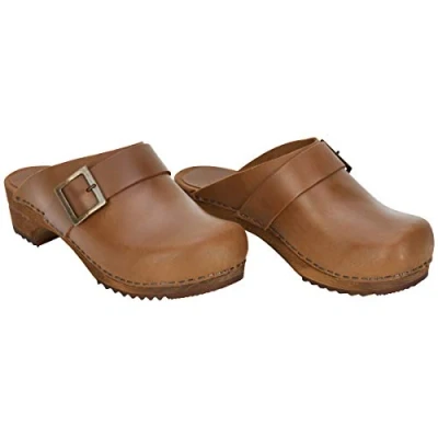 Imagen de Sanita Urban Zuecos Abiertos Producto Artesanal Original para Mujer de Piel con Suela Madera Marrón Claro 41 EU