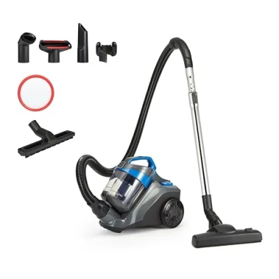 Imagen de Amazon Basics Aspirador sin Bolsa Cilíndrico 1.7L Compacto Ligero con Boquilla Triple Acción, Filtro HEPA, 850W, para Alfombras y Suelos Duros, Negro Azul