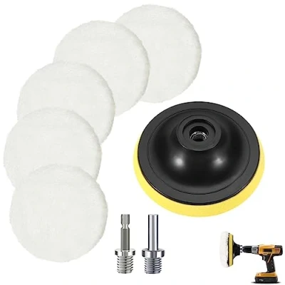 Imagen de Almohadilla de Pulido Lana, 5 Piezas Pulir Coche con Disco Autoadhesivo, Adaptador Broca M14, M10, Almohadillas Pulidopara Limpieza y Carrocerías (180mm)