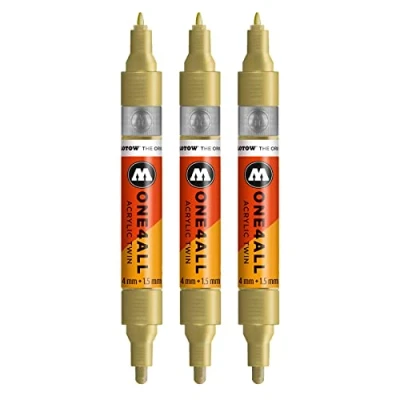 Imagen de Molotow One4All Acrylic Twin Marker (grosor de trazo 1,5 mm y 4 mm, alta opacidad permanente), 3 unidades, color 228 dorado metálico