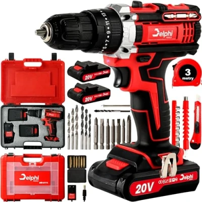 Imagen de DELPHI juego de destornilladores inalámbricos 20 V, 2 baterías 1,5 Ah, 50 Nm, marchas, 25 niveles par torsión, luz LED, 34 accesorios, atornillador inalámbrico, con maletín para