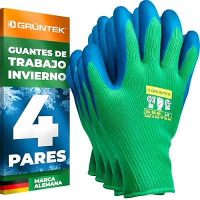 Imagen de GRÜNTEK Guantes de Trabajo y Jardineria Invierno 4 Pares Talla XL / 9 Forro térmico Látex 100% Impermeable