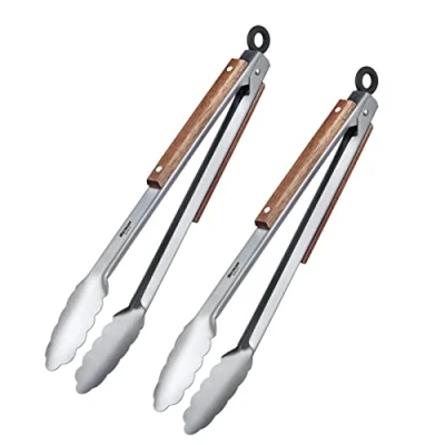 Imagen de Westmark Classic Wood Midi 162822E3 Pinzas para barbacoa (2 unidades, acero inoxidable con madera, longitud: 31 cm, inoxidable), color plateado y marrón