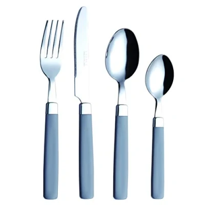 Imagen de EXZACT Cuberteria 16 Piezas Acero Inoxidable con Manecillas de Color 4 x Tenedores, Cuchillos, Cucharas, Cucharaditas (Gris)