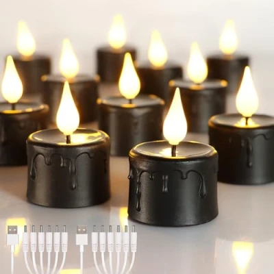 Imagen de yunsheng 12 velas de té sin llama recargables negras con temporizador 6H, eléctricas LED alimentadas por pilas 2 cables USB, parpadeo para decoración del hogar