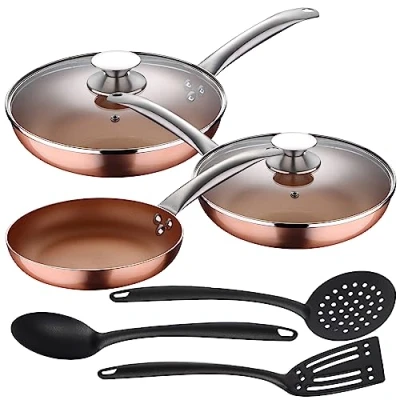 Imagen de Set 5pc sartenes 20,24,28 cm (con tapa) aluminio prensado inducción con 3pcs utensilios de cocina