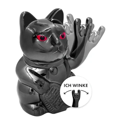 Imagen de ANGRY CAT gato de la suerte Rocky Rock Japanese Winkkatze rockt Figura anguloso Brazo con símbolo metal pesado 15 cm, negro brillante