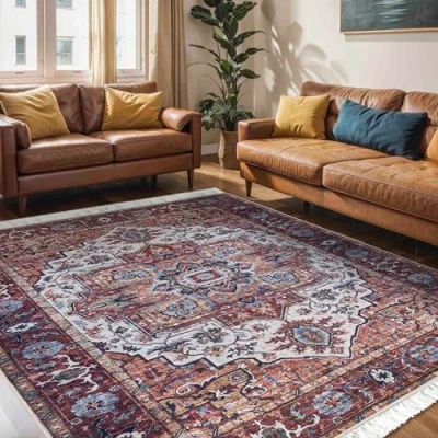 Imagen de Mazovia Alfombra Tradicional Lavable, Antideslizante Diseño Oriental de Salón Pelo Corto Matrimonio, Dormitorio Rojo Marrón 140 x 200 cm