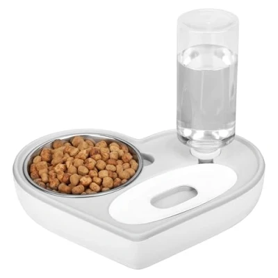 Imagen de Belle Vous Bebedero y Comedero Automatico para Gato Perro 2 en 1 Plástico Forma de Corazón 500 ml/22 oz, Acero Inoxidable 350 oz Cachorros, Gatitos