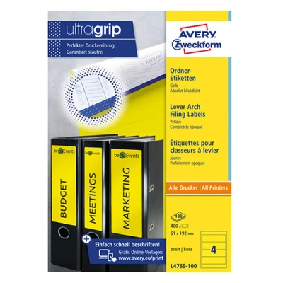 Imagen de Avery L4769 100 Amarillo Etiqueta para impresora autoadhesiva de Etiquetas (Amarillo, autoadhesiva, A4, Papel, Laser/Inyección tinta, Permanente)
