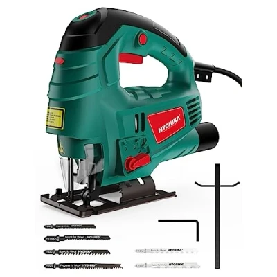 Imagen de HYCHIKA Sierra de Calar 800W, Caladora con Láser, 800 3000SPM Motor Cobre, ±45Corte, 7 Velocidades Ajustables, Eléctrica 6 Hojas para Cotar Metal, Madera y Plástico