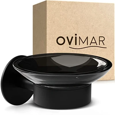 Imagen de ovimar jabonera Nederlandsoya con Soporte para Montaje en la Pared Acero Inoxidable Negro sin taladrar Cristal extraíble el baño o Cocina como almacenar