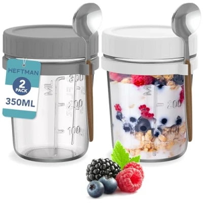 Imagen de HEFTMAN tarros de vidrio para avena nocturna con tapas, paquete 2 350 ml cucharas, herméticos, aptos alimentos, tapas yogur, pudín chía, 12 onzas,