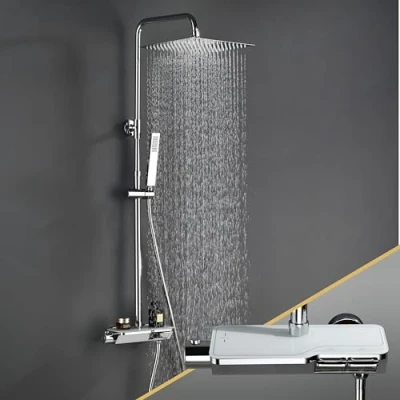 Imagen de Görbach columna de ducha con termostático acero inoxidable 304, Cromo grifo cabezal mezclador, juego lluvia alcachofa (30x30cm cuadrado)
