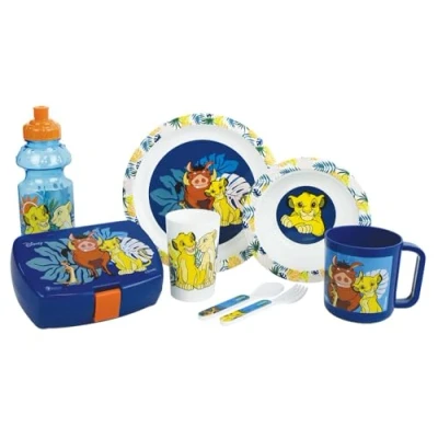 Imagen de El Rey León Juego de vasos para enano con cristal, 220 ml, asiento hueco, diámetro 16 cm, 22 taza 350 bote caja degustar y 2 cubiertas 13,5