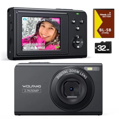 Imagen de WOLFANG cámara digital, infantil de 2,7 K para fotografía, compacta vlogging 50 MP, vídeo digital con zoom 16 X, enfoque automático y disparo, regalo