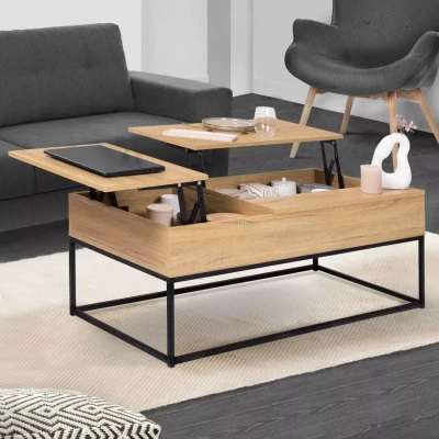 Imagen de IDMarket Mesa baja con 2 bandejas elevables rectangular Detroit Design Industrial