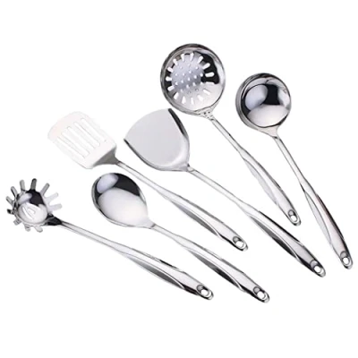 Imagen de Abcsea 6 Piezas Utensilios de Cocina Acero Inoxidable, Cuchara Perforada, Salsera, Ranurada, con Mango Hueco