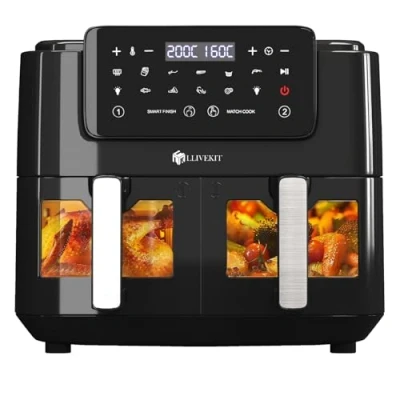 Imagen de LLIVEKIT Freidora de Aire con 2 Cestas, sin Aceite 9L y 2400W, Caliente Panel Táctil LED, 9 Programas Parrillas Antiadherentes, Negro