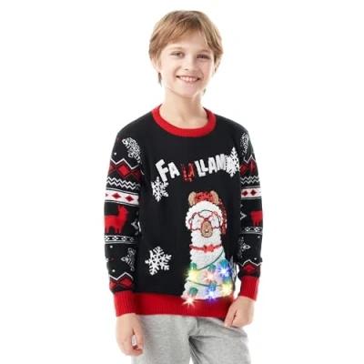 Imagen de Giggling Getup suéter feo de Navidad para niños, alpaca con luz LED, color negro, Negro , 10 12 años
