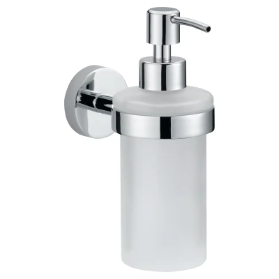 Imagen de tesa Dispensador de jabón Manos Smooz, Botella cristal satinado para líquido con soporte cromado inoxidable, Incluye Solución Adhesiva Montaje, 200 ml