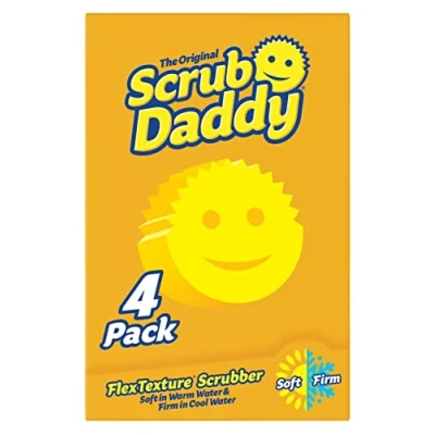 Imagen de Scrub Daddy Original Esponja Daddy, Estropajo Cara Sonriente Limpieza Anti Rayaduras, Lavable Antibacteriana y Reutilizable para Cocina Baño, con Flextexture Amarillo, Paquete de 4