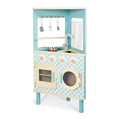 Imagen de Janod Cocina de Madera Trío Compacta 3 Caras Juguete Imitación y Vajilla Estilo Retro 5 Utensilios Metal Pintura al Agua A partir Años, J06546