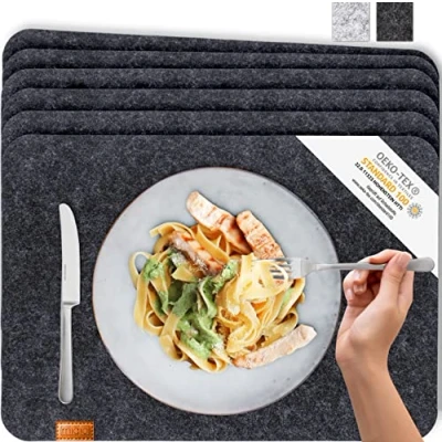 Imagen de MIQIO® Manteles Individuales de Fieltro en Estilo Escandinavo y Cuero Lavable Set 6 44x30 cm para la Decoración Mesa Navidad Gris Oscuro