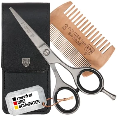 Imagen de DREI SCHWERTER Tijeras de barba profesionales inoxidables con peine para en estuche