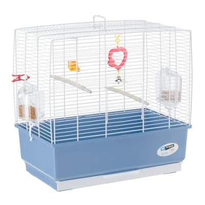 Imagen de Ferplast Jaula rectangular para pájaros exóticos y canarios REKORD 3, Con accesorios comederos giratorios, robusto alambre pintado blanco cubeta de plástico azul, 49 x 30 h 48,5 cm