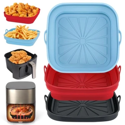 Imagen de Alyvisun Molde Silicona Freidora de Aire, 3 Piezas Bandeja Moldes Air Fryer Reutilizable Recipientes Cuadrado Cesta Utensilios para sin Aceite, Microondas, Horno (Rojo+Negro+Azul Cielo)