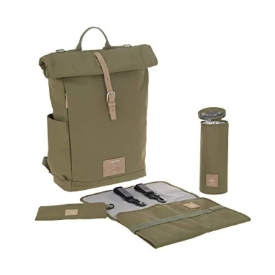 Imagen de LÄSSIG Bolsa para pañales, cambiador, fijación cochecito de bebé, soporte botellas, fabricado forma sostenible/GRE Rolltop Backpack, verde