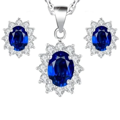 Imagen de Crystalline Azuria Mujer 18ct Chapado en Oro Blanco Zafiro simulado Azul Cristales de Zirconia Elipse Juego joyas Collar con Colgante 45 cm Pendientes