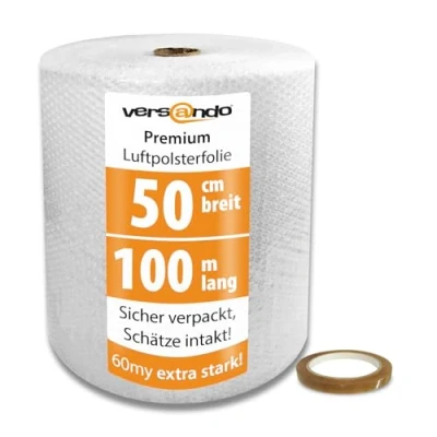 Imagen de versando Papel de burbujas premium extrafuerte 100 m x 0,5 m, embalaje, lámina granulada para mudanzas, rollo LPF y cinta adhesiva 19 mm 66