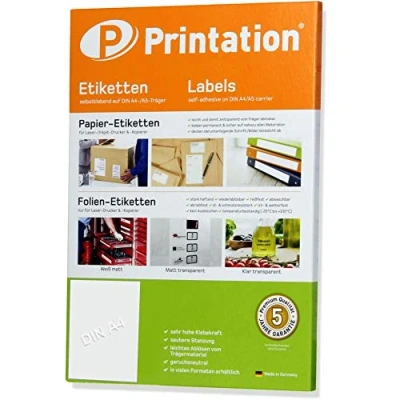 Imagen de Printation Etiquetas Adhesivas A4 210 x 297 mm blancas Pack de 10 hojas Sticker 1x1 210x297, Papel Adhesivo Impresora/Papel autoadhesivo para imprimir 3478