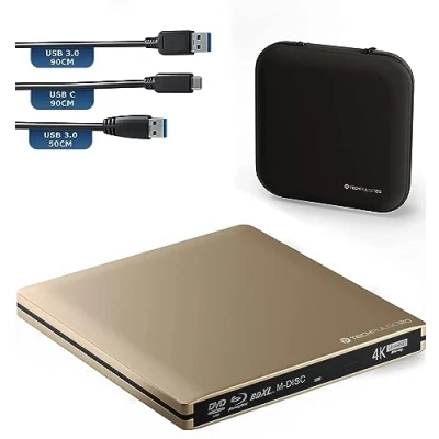 Imagen de techPulse USB 3.0 UHD 4K 3D Externa Unidad BLU Ray Grabadora Lector Súper Slim Escritor Portátil Quemador BD DVD CD ODD Superdrive ROM Paquete de Lujo Oro