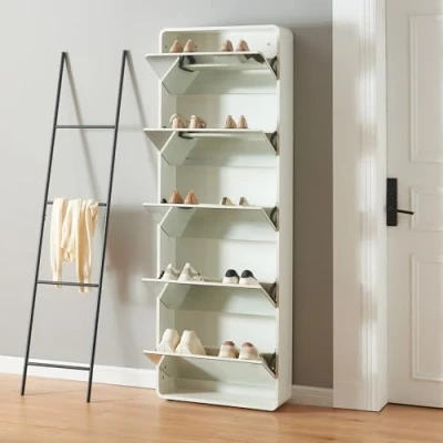 Imagen de [en.casa] Armario Zapatero Aure con 5 Puertas Abatibles y Compartimentos Espejo para Entrada Recibidor Pasillo Vestidor 180 x 63 20 cm Blanco