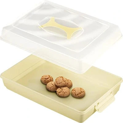 Imagen de KADAX caja de plástico para tartas con tapa, 43 x 30 12,5 cm, transporte asa, molde hojalata, magdalenas, rectangular, alimentos (crema v2)