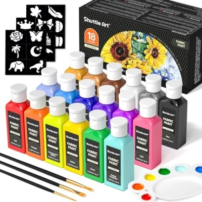 Imagen de Shuttle Art Pintura Textil Permanente y Lavable (60ml), 18 Colores para Tela en Botellas con Pinceles, Paleta, Plantillas, No Tóxica T shirt, Zapatos, Jeans, Bolsos, DIY