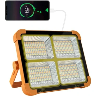 Imagen de 100W Foco LED Recargable, Bateria 336 LEDs/Panel Solar/ 4 Modos de Luz/Batería Externa 16500mAh/ Base Magnética, Ideal para Camping, Trabajo, Pesca