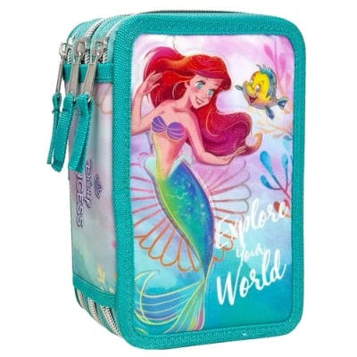 Imagen de Clondo Estuche 3D con 3 compartimentos para niños, triple relleno, 44 accesorios la escuela primaria, cremalleras, 20 cm, raya, ceras, rotuladores, Sirenita25, Portalápices