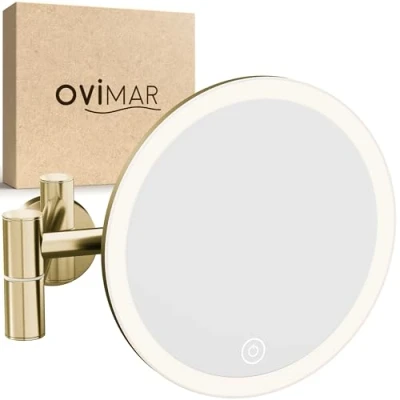 Imagen de ovimar Espejo de Aumento Blavand Oro con iluminación Recargable Montaje en Pared para taladrar el baño 5X Maquillaje luz 360 ​​​​Grados