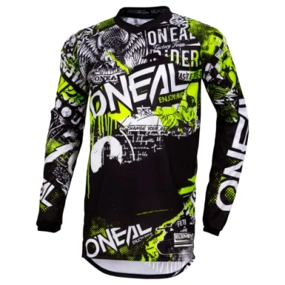 Imagen de O&#039;Neal Camiseta Motocross Manga Larga MX MTB Mountain Bike Ajuste para un máximo Rango de Movimiento, protección Codo Cosida Element Jersey Attack Adulto Negro Amarillo Neón Talla L